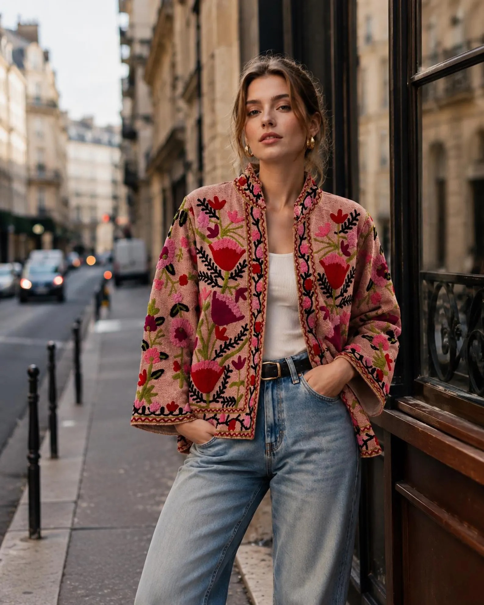 Jachetă scurtă cu broderie florală în roșu și roz, purtată cu blugi